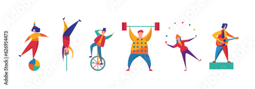 Cartoon Color Characters People Circus Funny Artists Concept Flat Design Style Include of Juggler and Strongman Performer. Vector illustration