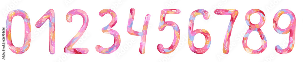 Hand drawn set of pink abstract watercolor numbers. Hand drawn set of pink abstract watercolor numbers.