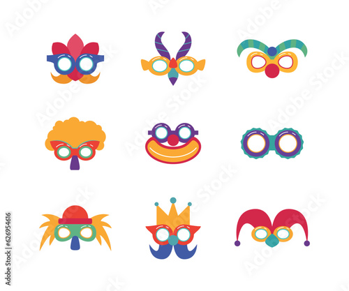 Cartoon Color Different Glasses Carnival Purim Icon Set Tradition Party Celebration Concept Flat Design Style. Vector illustration