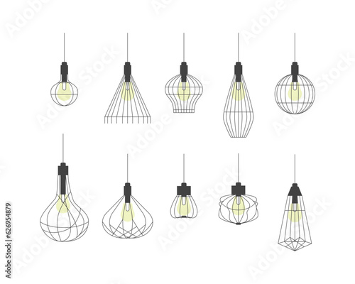 Hanging Geometric Chandelier in The Loft Black Thin Line Icon Set Vintage Style Design. Vector illustration