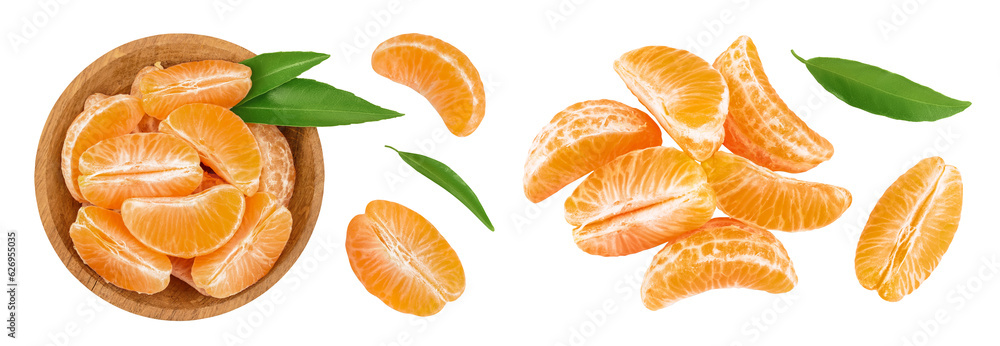 Tangerine or clementine slices in wooden bowl isolated on white background with full depth of field. Top view. Flat lay Tangerine or clementine slices in wooden bowl isolated on white background with full depth of field. Top view. Flat lay