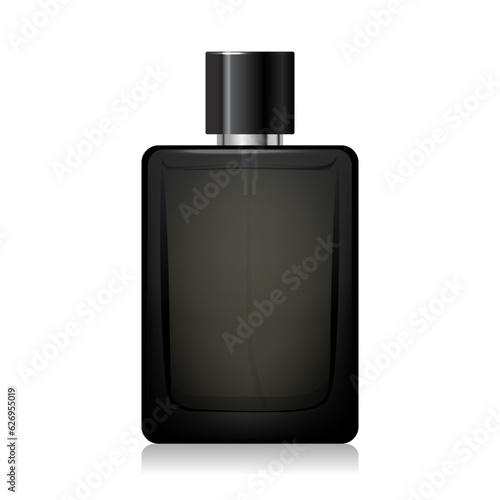 Black glass perfume bottle mockup with black silver spray and cap. 3d vector square shape bottle for fragrance. Packaging for beauty product. Elegant cosmetic bottle. Realistic bottle mockup template