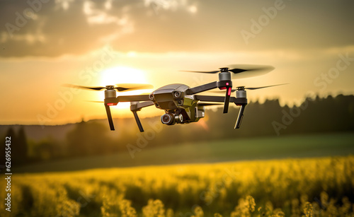 agricultural drone in the field sunset in the field