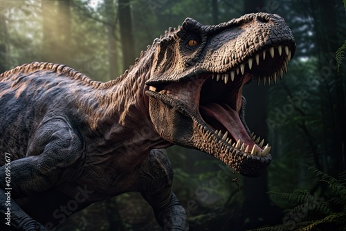 Fierce Tyrannosaurus rex Dinosaur roaring in prehistoric plains  Sharp teeth  Generative AI.