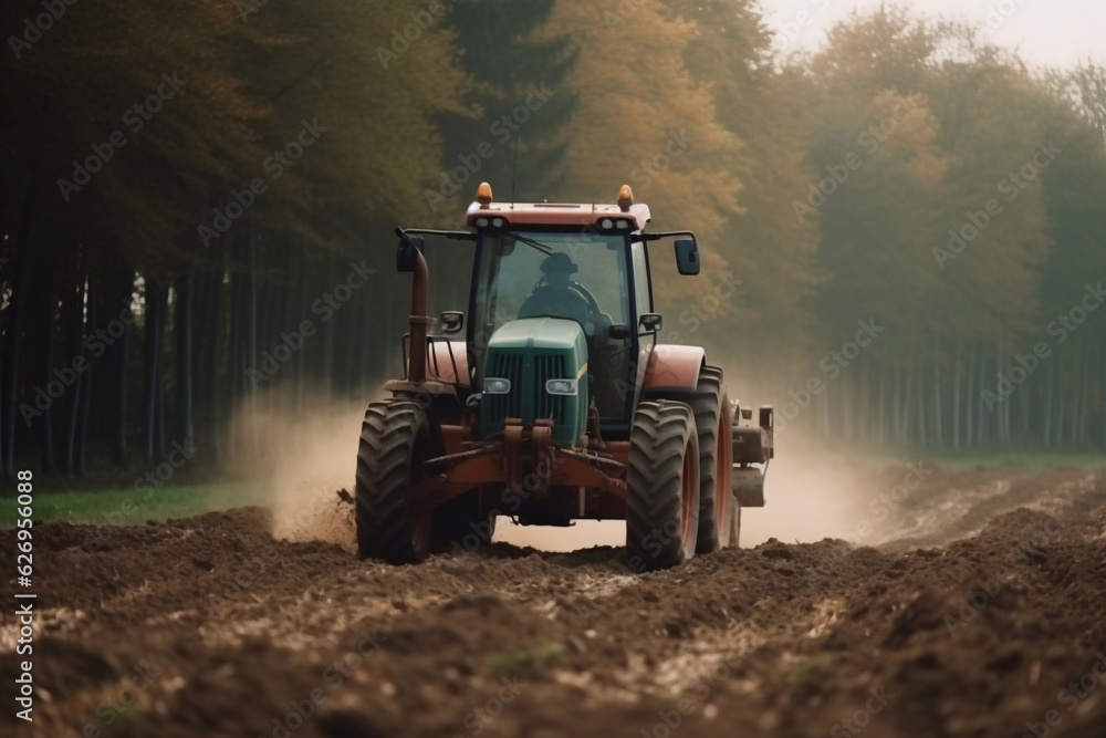 Fototapeta premium Tractor working in the field. Generative AI