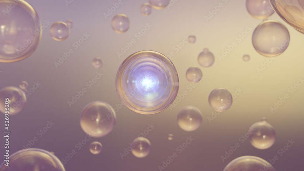 Cosmetics Serum bubbles on defocus background. Collagen bubbles Design. Moisturizing Essentials and Serum Concept. Vitamin for personal care and beauty concept. 3D rendering