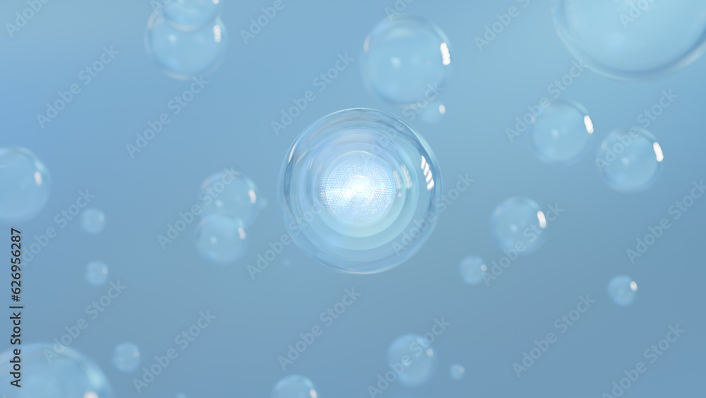 Cosmetic 3d bubble design on background Abstract science background with bubbles on water. cosmetic bubble design magic. Transparent balls, floating holographic liquid blobs, and artistry bubbles.