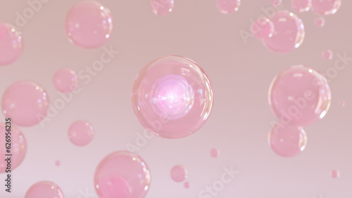 3D cosmetic rendering Pink Bubbles of serum on a fuzzy background. Design of collagen bubbles. The concept for Moisturizing Cream and Serum.
