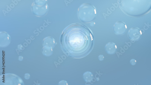 Cosmetic 3d bubble design on background Abstract science background with bubbles on water. cosmetic bubble design magic. Transparent balls  floating holographic liquid blobs  and artistry bubbles.