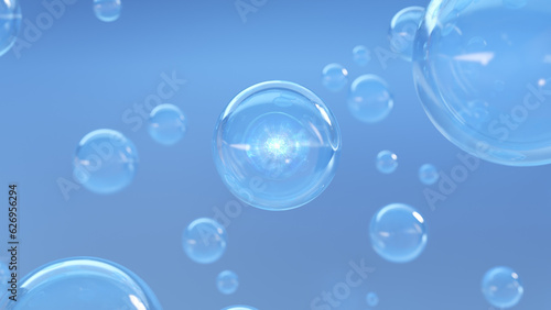 Serum bubbles with a fluid background. design for cosmetics about a miracle bubble. holographic liquid blobs  creative bubbles  and transparent balls floating in space. 3D rendering