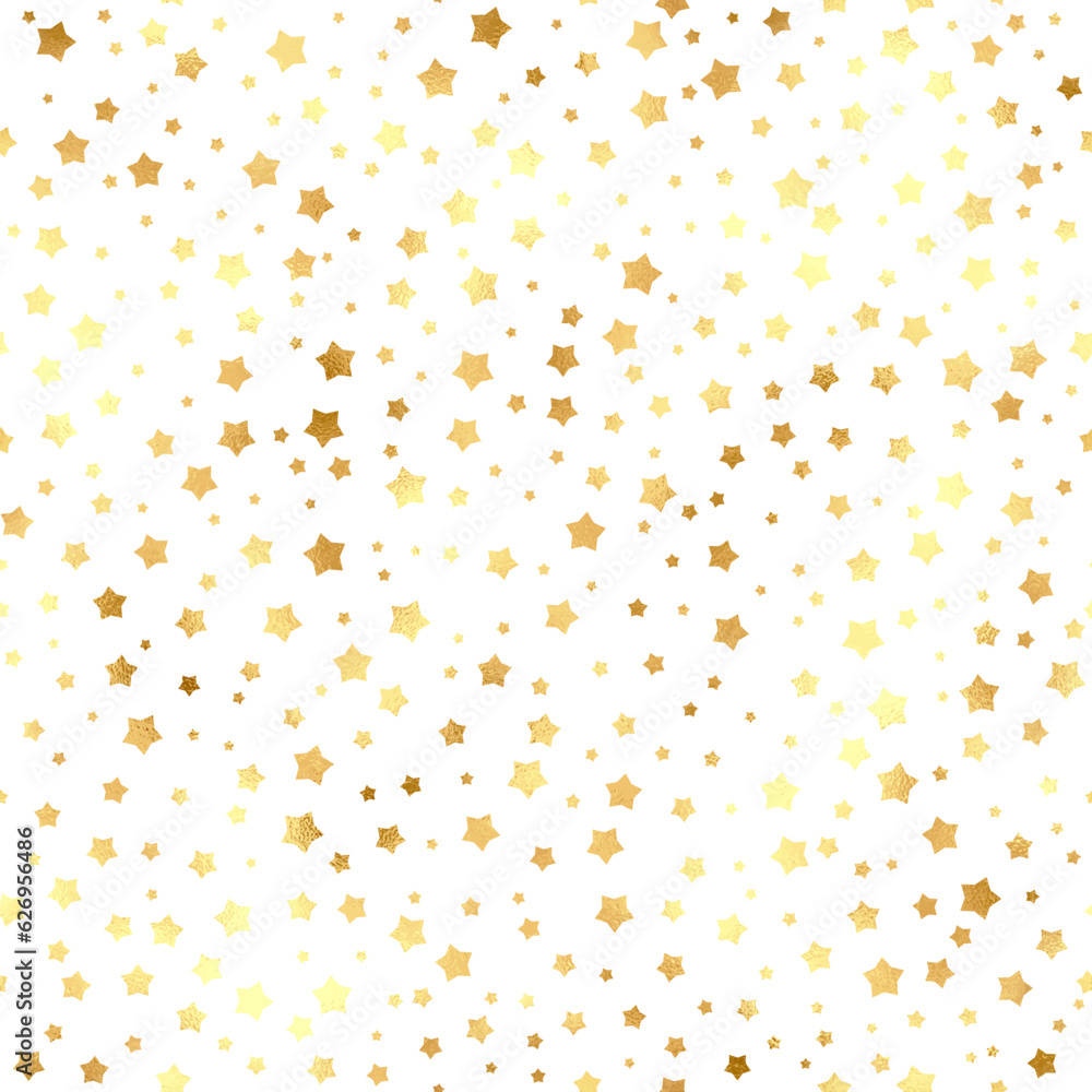 Seamless vector pattern of shining stars from textured gold foil on a white background. Bright glowing metallic backdrop for an elegant wedding invitation or festive greeting card Seamless vector pattern of shining stars from textured gold foil on a white background. Bright glowing metallic backdrop for an elegant wedding invitation or festive greeting card