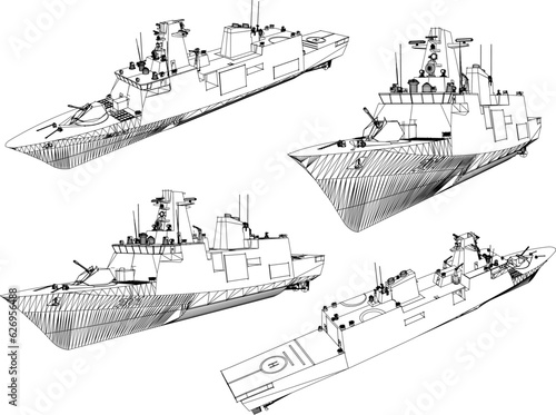 Vector sketch illustration of a fully armed naval commando warship
