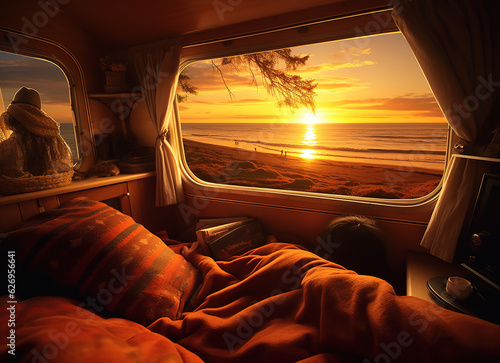 view from a bed in the car over ocean grassland at sunset © Yi_Studio