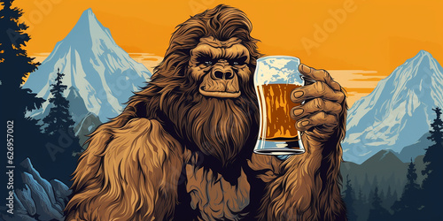 Bigfoot drinking a cold craft beer with scenic view. Generative AI