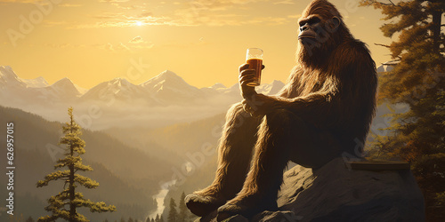 Bigfoot drinking a cold craft beer with scenic view. Generative AI © JoelMasson