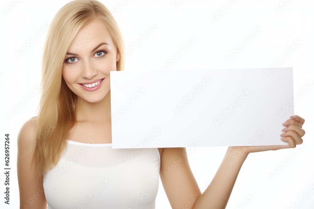 a beautiful blonde white woman holding a blank placard sign poster paper in her hands. empty space for editing and ads. isolated on white background. Generative AI a beautiful blonde white woman holding a blank placard sign poster paper in her hands. empty space for editing and ads. isolated on white background. Generative AI