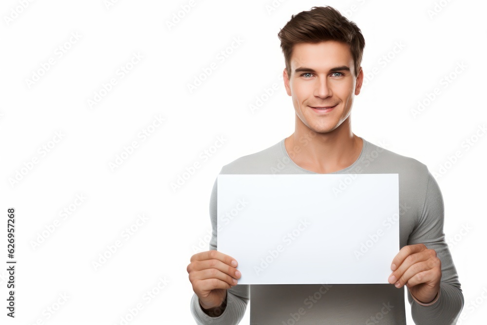 a handsome white man holding a blank placard sign poster paper in his hands. empty space for editing and ads. isolated on white background. Generative AI a handsome white man holding a blank placard sign poster paper in his hands. empty space for editing and ads. isolated on white background. Generative AI