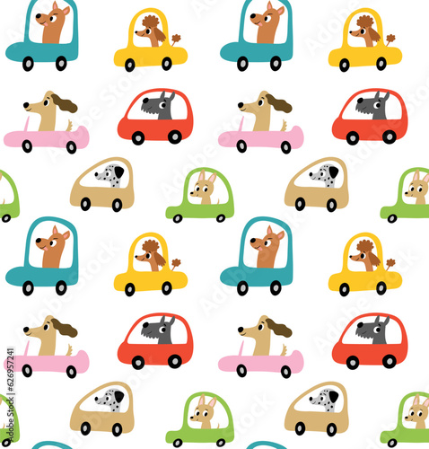 

Seamless pattern. Funny dogs driving cars