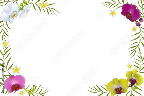 Bright vector illustration of tropical flowers and leaves. Orchids. Plumeria. Frangipani. Palm leaves. Red. Green. Exotic. Border.T ropical background.