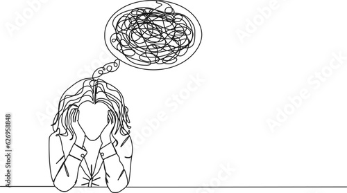 Foto continuous single line drawing of stressed and confused woman with head in hands