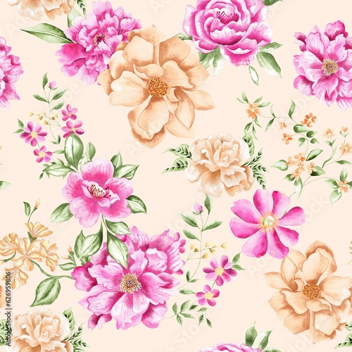 Watercolor flowers pattern  pink and yellow tropical elements  green leaves  yellow background  seamless