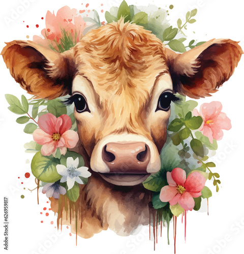 watercolor cow with flowers 