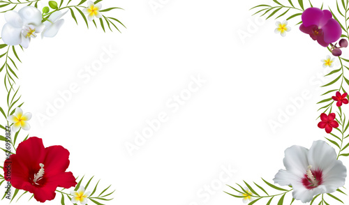 Bright vector illustration of tropical flowers and leaves. Orchids. Hibiscus. Plumeria. Frangipani. Palm leaves. Red. Green. Exotic. Border. Tropical background.