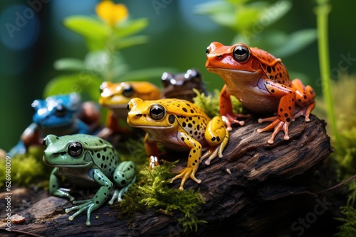 Colorful frogs sit on a branch, close up. Biodiversity concept 