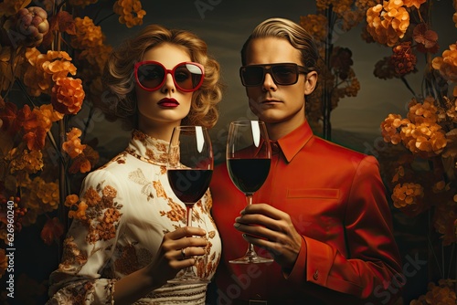A man and a woman in red sunglasses are holding glasses of red wine. Collage in autumn colors