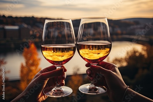 Two huge glasses of white wine at autumn vineyard landscape background. New vintage harvesting concept . Romantic dinner.