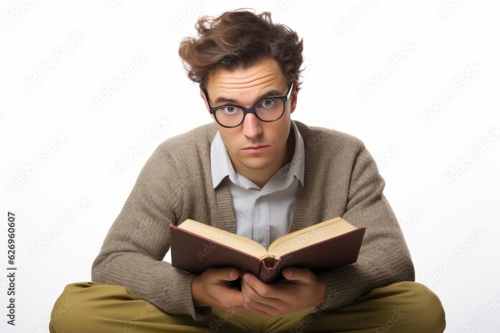 a handsome young nerdy guy wearing glasses sitting reading a book. professional model studio photo. isolated on white background. Generative AI a handsome young nerdy guy wearing glasses sitting reading a book. professional model studio photo. isolated on white background. Generative AI