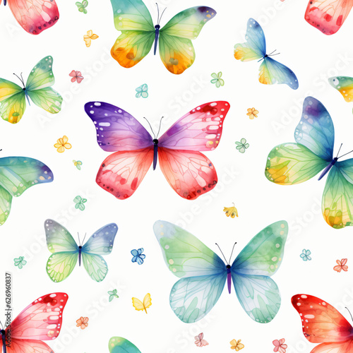 Nature's Artistry: Beautiful Watercolor Illustration of Asian-Inspired Spring and Summer - Butterflies, Flowers, and Elegant Patterns in a Seamless and Colorful Vector Design, Perfect for Decorative B © Meow