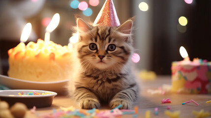 Cute cat kitten celebrating his birthday with home party and cake