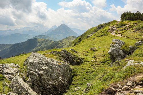 Green and Rocky Landscape in Austria. Summer Travel Scenery in Europe. Beautiful Flachau Nature. © nicolecedik
