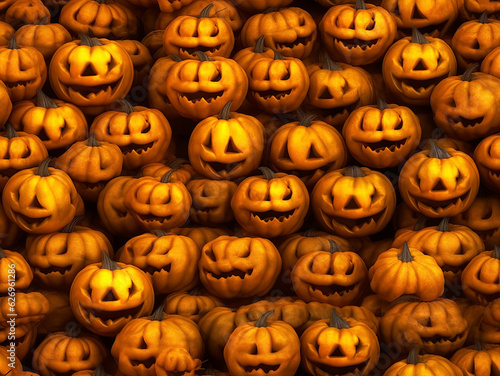 Smiling scary orange Halloween pumpkins, drawing, tile, Generative AI, generative artificial intelligence