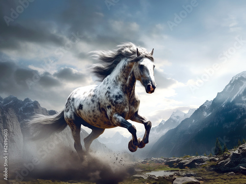 white horse is running up the mountain. with a view of the high mountains and sky, generative ai