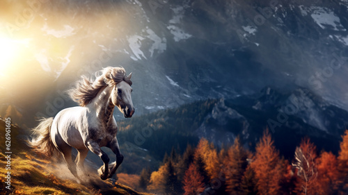 white horse is running up the mountain. with a view of the high mountains and the evening sun light, illustration, generative ai