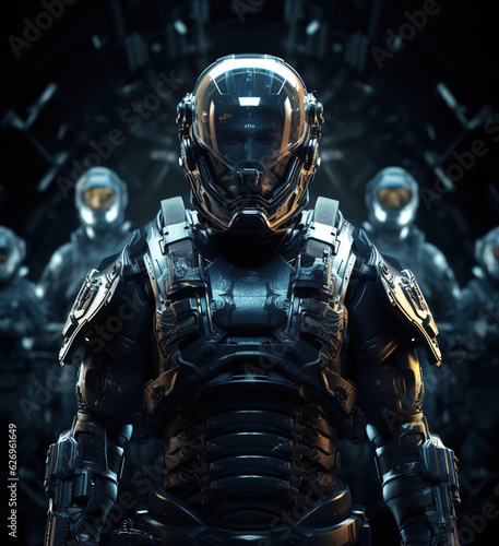  futuristic cyber army in armour with helmet