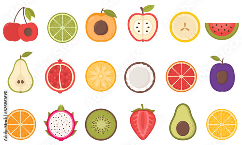  Set of fruit halves. Slices of pineapple, apple, peach, lemon, kiwi, orange, pomegranate, banana, grapefruit, coconut, lime, watermelon, melon, strawberry, cherry, lime, pear, coconut, plum. 