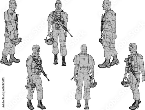 Vector sketch illustration of fully armed army soldiers marching