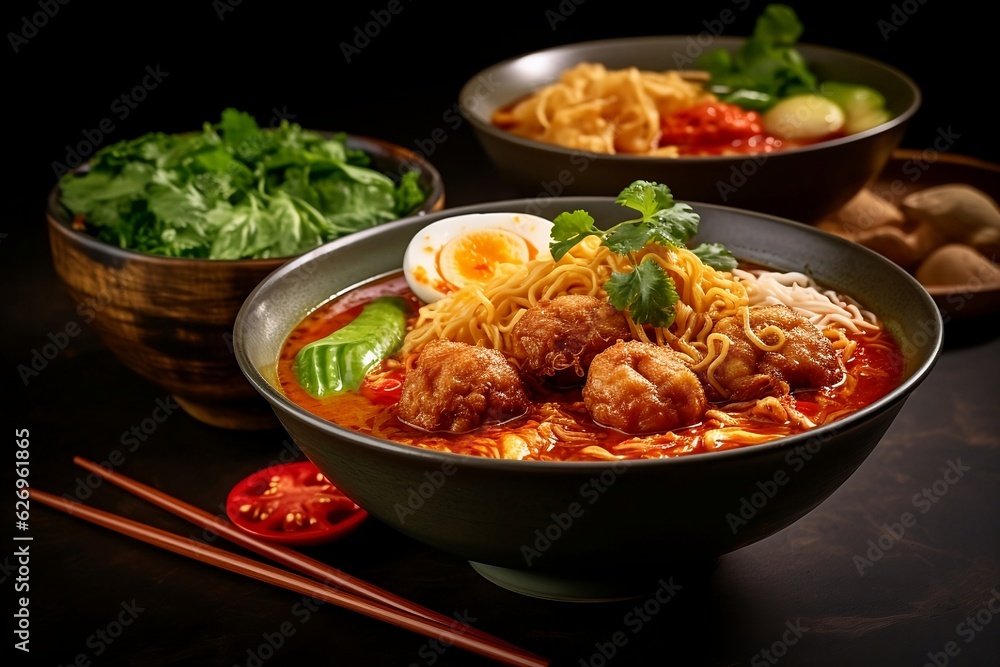 Asian noodles with curry in a bowl with fish balls and chicken pieces with chili paste. Asian noodles with curry in a bowl with fish balls and chicken pieces with chili paste.