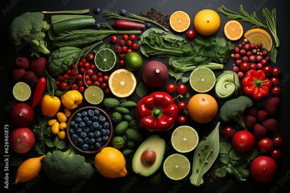 A collage of various fruits and vegetables arranged in contrasting colors, showcasing the beauty of natural diversity. Generative AI A collage of various fruits and vegetables arranged in contrasting colors, showcasing the beauty of natural diversity. Generative AI