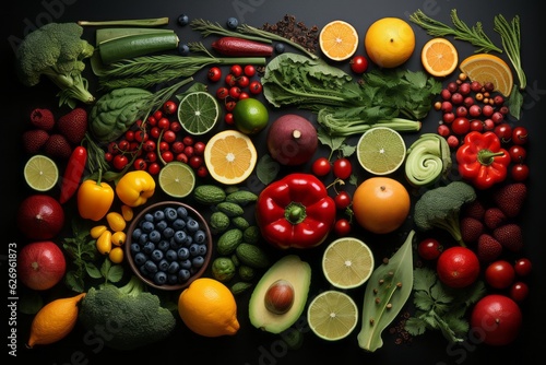 A collage of various fruits and vegetables arranged in contrasting colors  showcasing the beauty of natural diversity. Generative AI