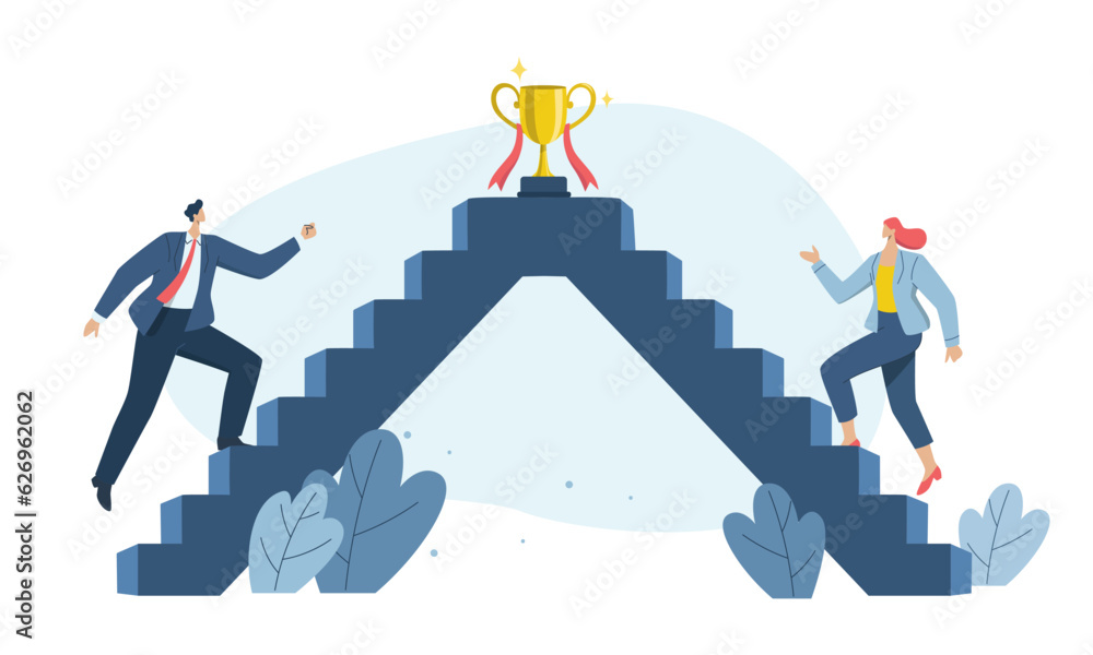 Stairway to the goal There are many people trying to go up. Companies compete for key customer segments. Many businessman compete with each other to win the trophy.