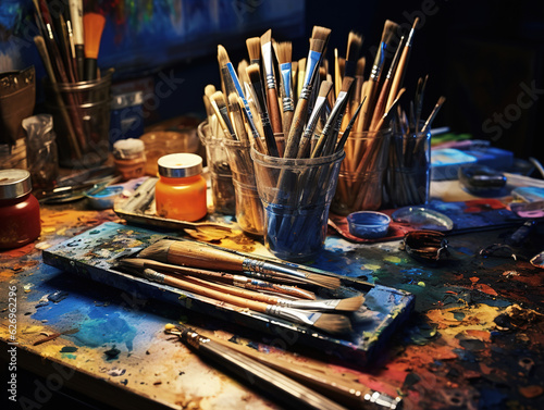 Photo of Art supplies: Close-up images of art supplies, such as brushes, pencils, or paint tubes, showcase their textures, bristles, and colors