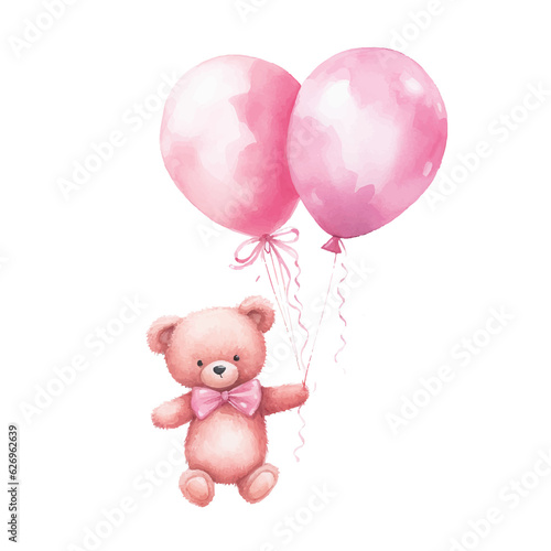 Vector watercolor illustration of cute baby bear flying with balloons © vanish00