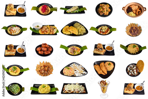 Set or collage of many latin american and mexican food on white background