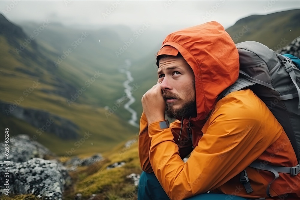 Tired man in mountain with backpack