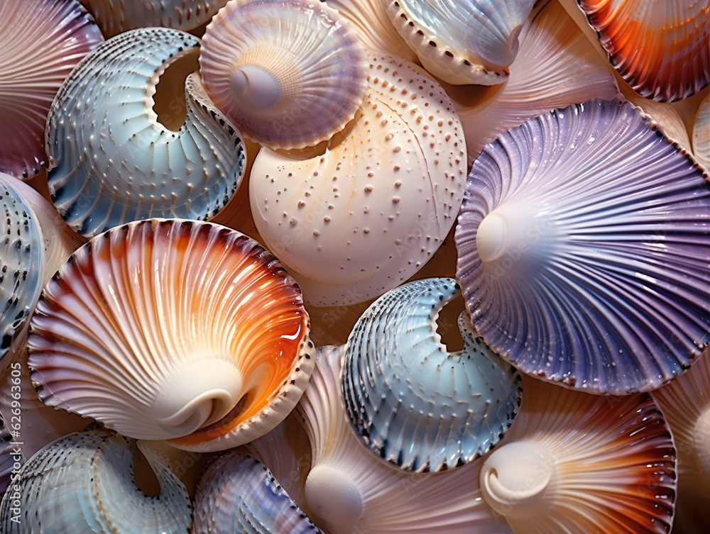 Photo of Shells: Close-up images of shells showcase their intricate patterns, textures, and the subtle iridescence or color variations present on their surfaces Photo of Shells: Close-up images of shells showcase their intricate patterns, textures, and the subtle iridescence or color variations present on their surfaces