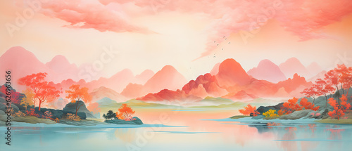 watercolor pink lake and mountain with clouds